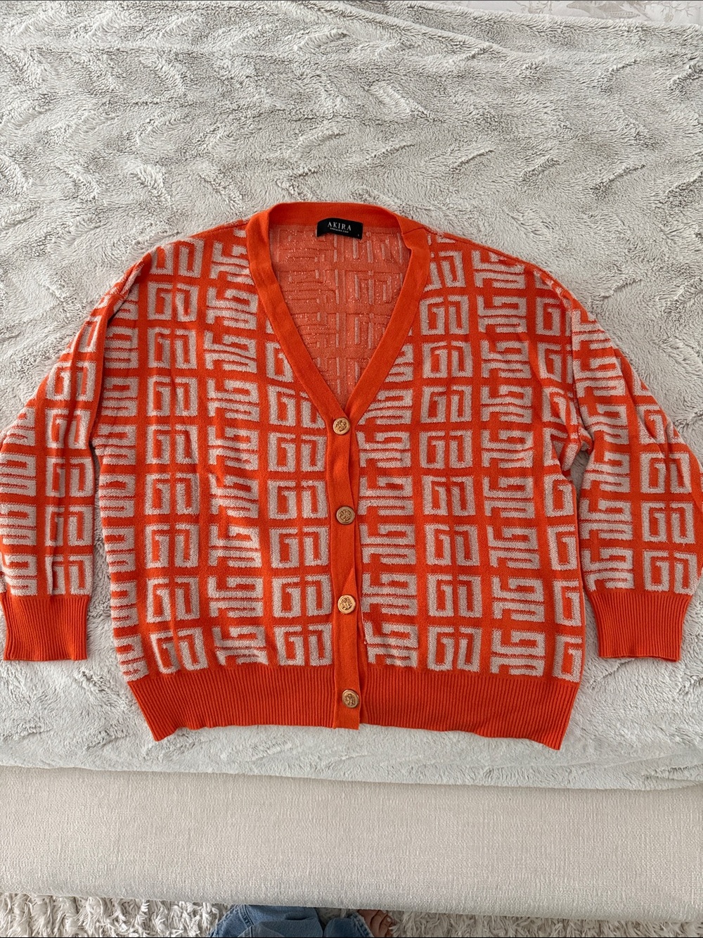 AKIRA Orange and Cream Geometric V‑Neck Cardigan size large